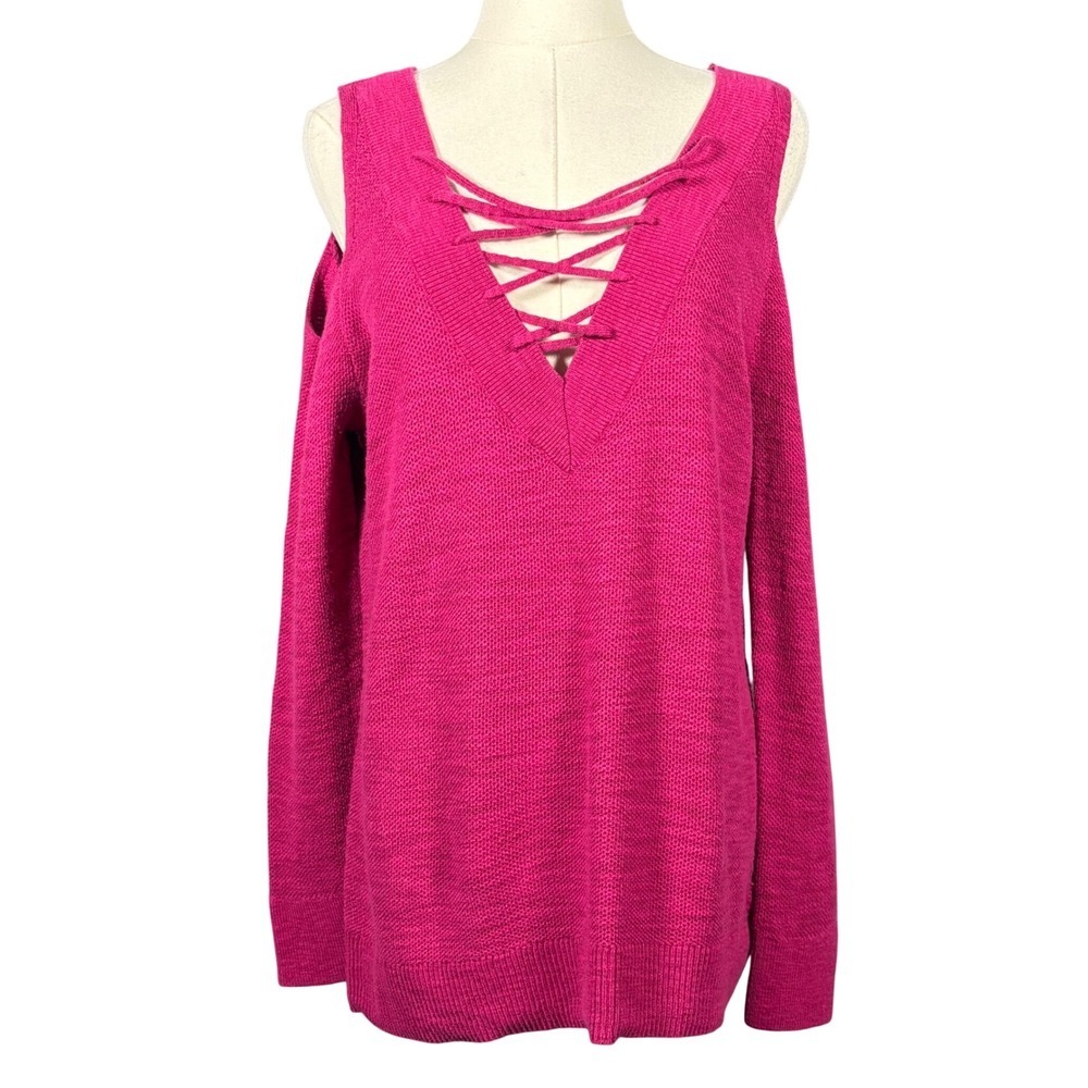 Express Cold Shoulder Lace Up V-Neck Sweater Fuchsia Pink Womens Medium